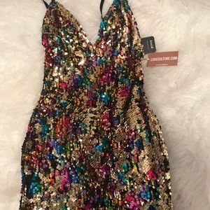 BRAND NEW rainbow mini sequined dress.
